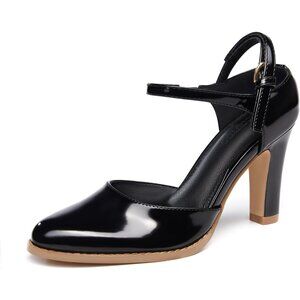 Women's Cool Black Chunky High Heels Closed Pointed Toe Ankle Strap Pumps Shoes